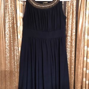 Navy blue cocktail w bead & rhinestone neckline